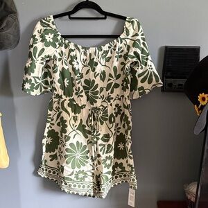 Cupshe Cream and Green Floral Off-Shoulder Tunic
